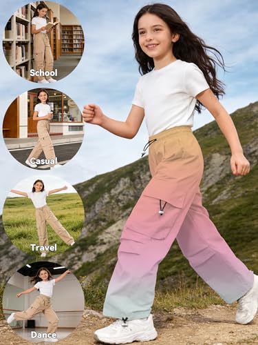 Image of SANGTREE Girls Parachute Pants Loose Lightweight Drawstring Waist Hip Hop Cargo Pants,6-16 Years