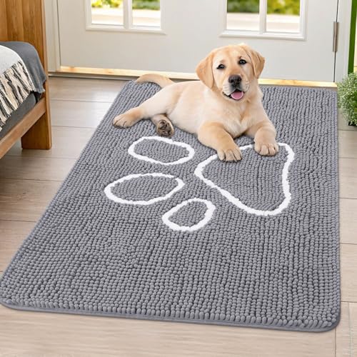 Image of Smiry Dog Door Mat for Muddy Paws, Absorbent Dirt Trapper Non Slip Quick Dry Washable Chenille Mat for Mud Dogs, Entry Rug for Indoor and Outdoor (40x32 Inches, Grey and White)