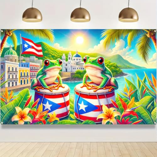 Image of BlissYard Puerto Rico Banner 71 x 43 Inches Tropical Frog Drum Flag Backdrop Puerto Rican Culture Caribbean Festival Party Decoration Wall Hanging for Fiesta Parade Home Outdoor Decor