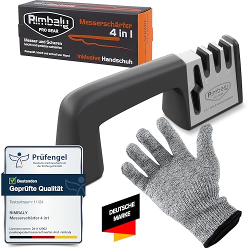 Rimbaly 4-in-1 Messerschärfer & Schleifstein – Für Küchenmesser & Scheren – Profi-Messerschleifer mit Handschuh & Anti-Rutsch-Griff – Messer schärfen leicht gemacht