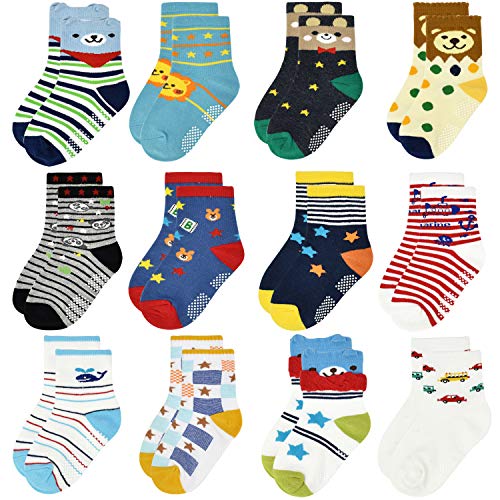 Image of Tphon 12 Pairs Toddler Non Skid Socks with Grips Anti Slip Bottom, Cotton Non Slip Ankle Crew Socks for Boys, Girls, Kids(1-7Years)
