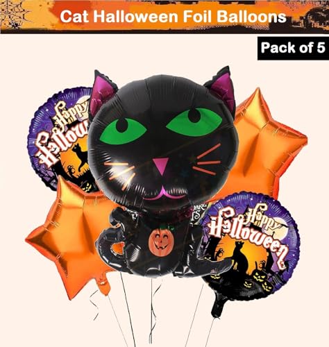 Image of AMFIN (Pack of 5) Happy Halloween Party, Haunted Cat Foil Balloons - Black