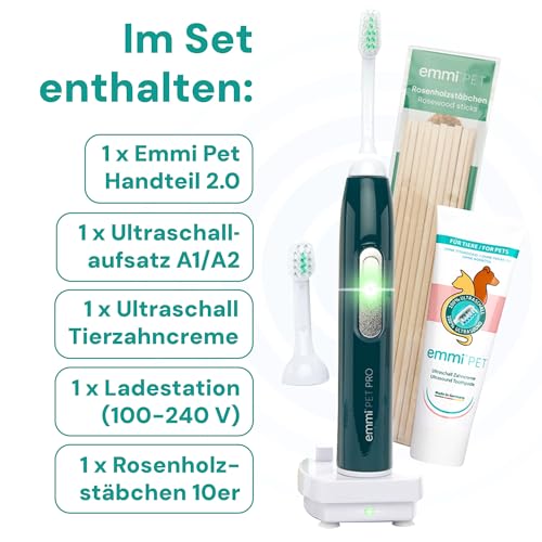 emmi-pet PRO Ultraschall-Zahnbürste für Hunde - Geräuschlose Hundezahnbürste & Katzenzahnbürste ohne Schrubben mit 96 Mio. Schwingungen, 12 Tage Akkulaufzeit - Gegen Entzündungen & Zahnsteinvorbeugung
