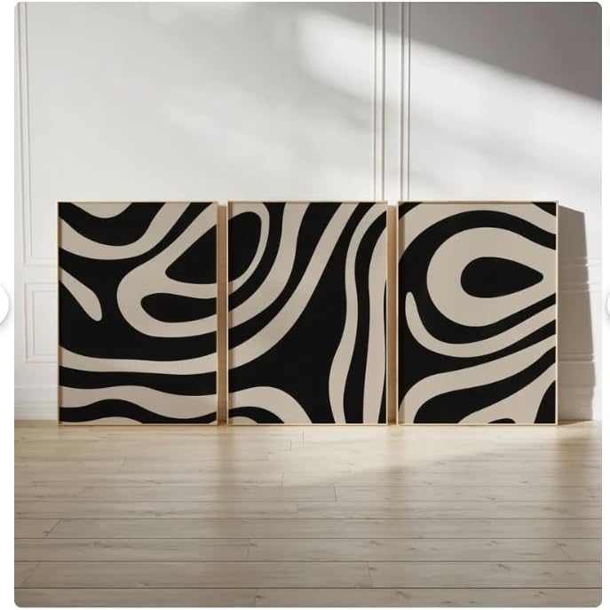 Abstract Zebra Print Pattern Wall Art Set of 3, Black and Beige, Modern Geometric Design, Home Decor - 11x14 Poster Print - UNFRAMED