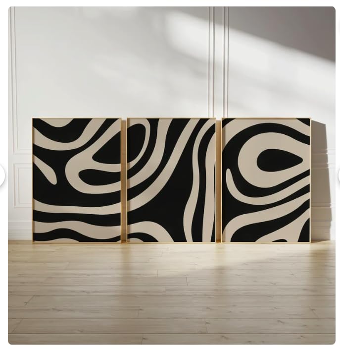 Abstract Zebra Print Pattern Wall Art Set of 3, Black and Beige, Modern Geometric Design, Home Decor - 11x14 Poster Print - UNFRAMED