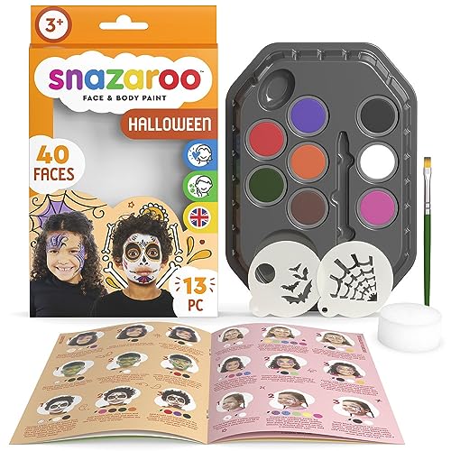 Snazaroo Halloween Face Painting Palette Kit for Kids & Adults, 8 Colours, 13pcs, Stencils, Brush, Sponge, Guide, Water Based, Easily Washable, Non-Toxic, Makeup, Body Painting & Parties