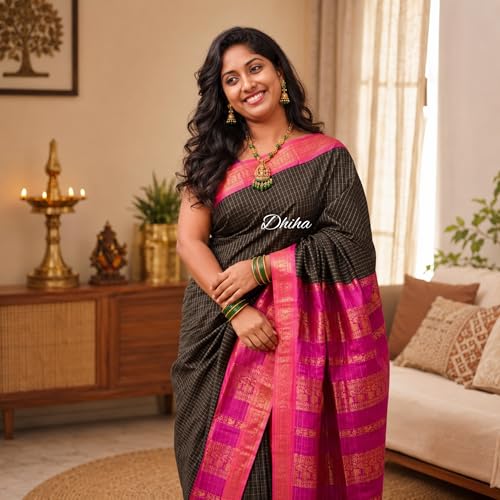 Image of Gadwal Cotton Silk Checked Saree for Women | Pure Kalyani Cotton Checked Saree with Zari Border Tassels & Blouse | Kanjivaram Linen Silk | Handloom Weave