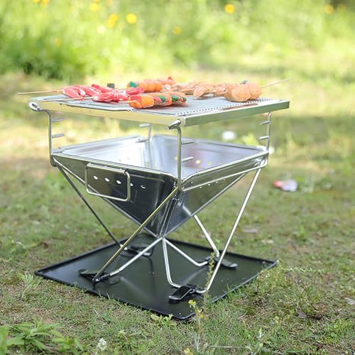 ZOOMTEC Portable Camping Fire Pit, Stainless Steel 304 Folding Firepit 42CM x 42CM with Handle, Height Adjustable & Collapsible BBQ Grill Stove with Carrying Bag & Ash Tray Bracket