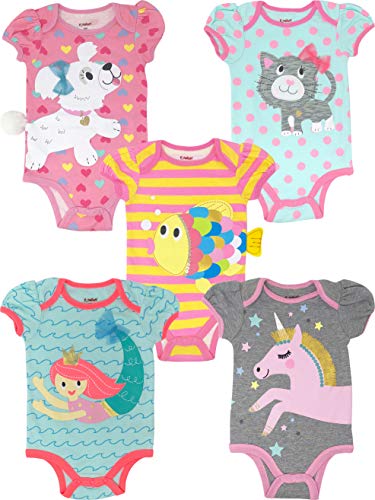 Funstuff Baby Girl 5 Pack Bodysuits Mermaid Unicorn Cat Fish Puppy Dog 12 Months