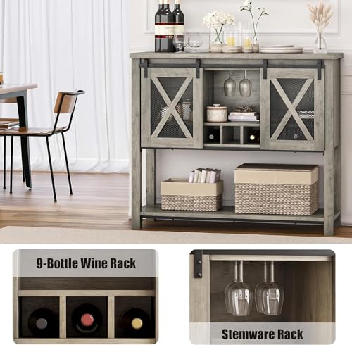 Garvee Farmhouse Wine Cabinet, Coffee Bar Sideboard Cabinet Storage, Console Table with Sliding Barn Doors, Entryway Table with Glass Rack for Kitchen Dining Room Hallway, 46.5 inches Long, Grey