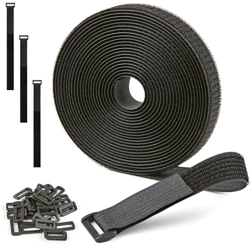 Image of 1 inch x 15ft Nylon Hook and Loop Cable Straps Roll with 20 Plastic Buckles - Reusable, Adjustable, Cut-to-Length for Organizing Cords, Wires & Storage Solutions