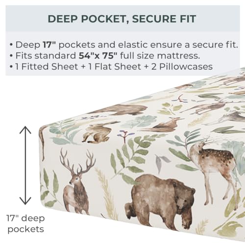 Image of Pobibaby Premium Twin Full Sheets Sets, Kids Double Bed Sheets in Cotton Blend | Ultra-Soft Woodland Camping Print with Fitted Sheet, Flat Sheet & Pillowcases (Full Wildlife Animal)