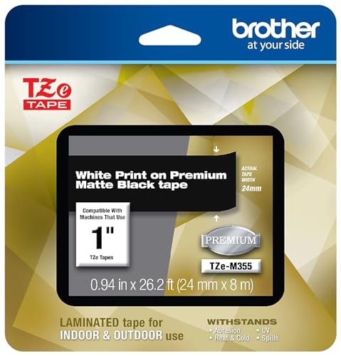Brother P-Touch TZe-M355 White Print on Premium Matte Black Laminated Tape 24mm (0.94”) Wide x 8m (26.2’) Long