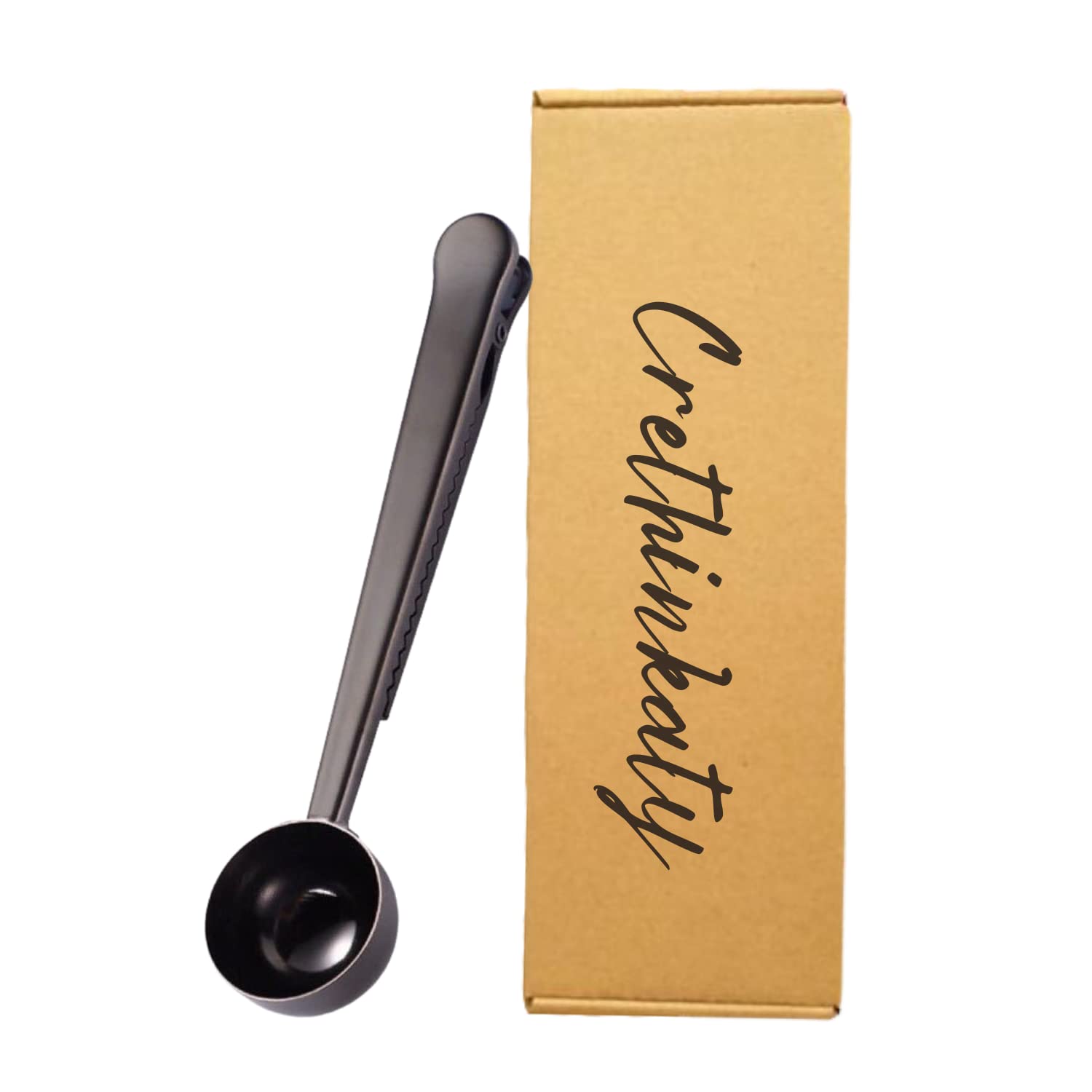 Crethinkaty 2 in 1 Coffee Scoop and Bag Clip, Stainless Steel Coffee Scoop with Bag Clip, for Ground Coffee and Beans, Black, 6.9Inch/17.5cm