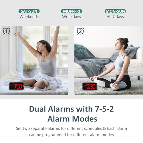 Image of Odokee Digital Dual Alarm Clock for Bedroom, Easy to Set, 0-100% Dimmer, USB Charger, 5 Sounds Adjustable Volume, Weekday /Weekend Mode, Snooze, 12 /24Hr, Battery Backup, Compact Clock for Bedside(Red)