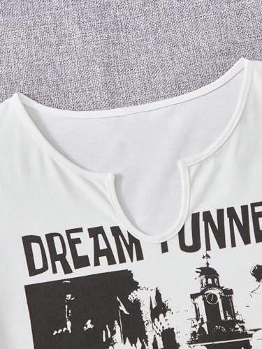 Image of OYOANGLE Girl's Graphic Print Notched Neck Short Sleeve T Shirt Slim Fit Cropped Tees
