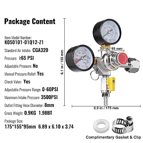 Image of VEVOR Double Gauge Regulator, CO2 Regulator Gauge with 0-60PSI, Heavy Duty CO2 Gauge Gas System, Draft Beer Regulator with Check Valve, Adjustable Pressure Regulator for Draft Beer Homebrew, CGA320