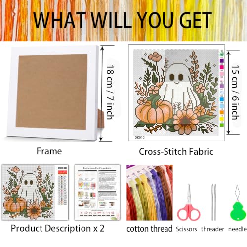 Image of Ghost Flower Stamped Cross Stitch Kits for Adults Beginners with Frame | Partial 11CT Halloween Cross-Stitch Kit,DIY Arts and Crafts for Adults,Embroidery Kit for Adults Beginners 7x7inch