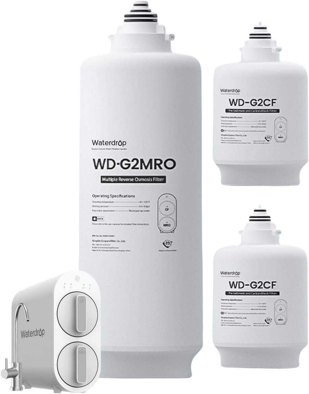 Waterdrop WD-G2-W WD-G2-B Replacement Filter 2-Year Combo Pack of 2 WD-G2CF Filters and 1 WD-G2MRO Filter Reduce PFAS