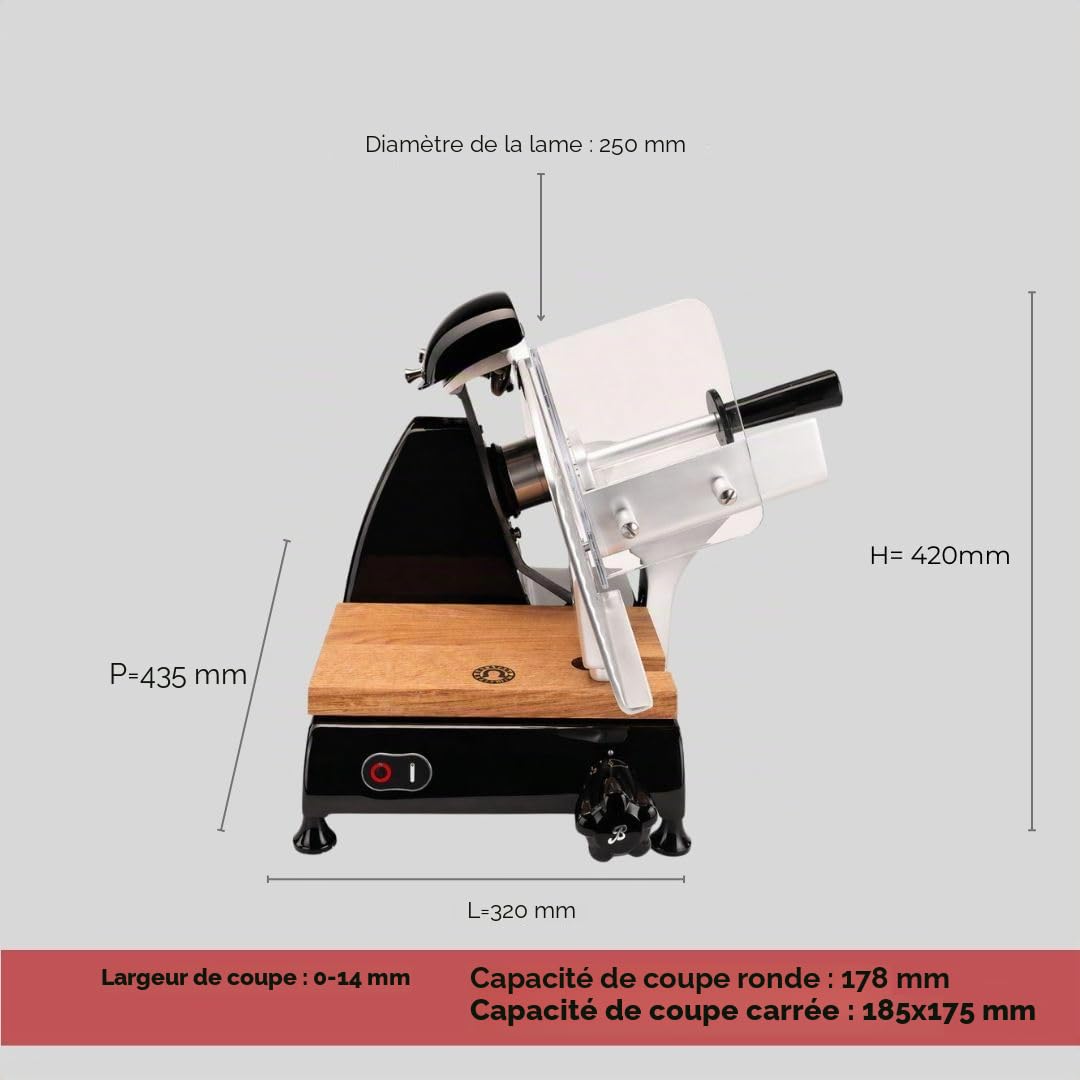 Berkel Red Line 250 | Trancheuse professionnelle originale avec un diamètre de couteau de 250 mm | noir | avec broyeur intégré | + planche à découper faite à la main | Prix de vente: 1108 €