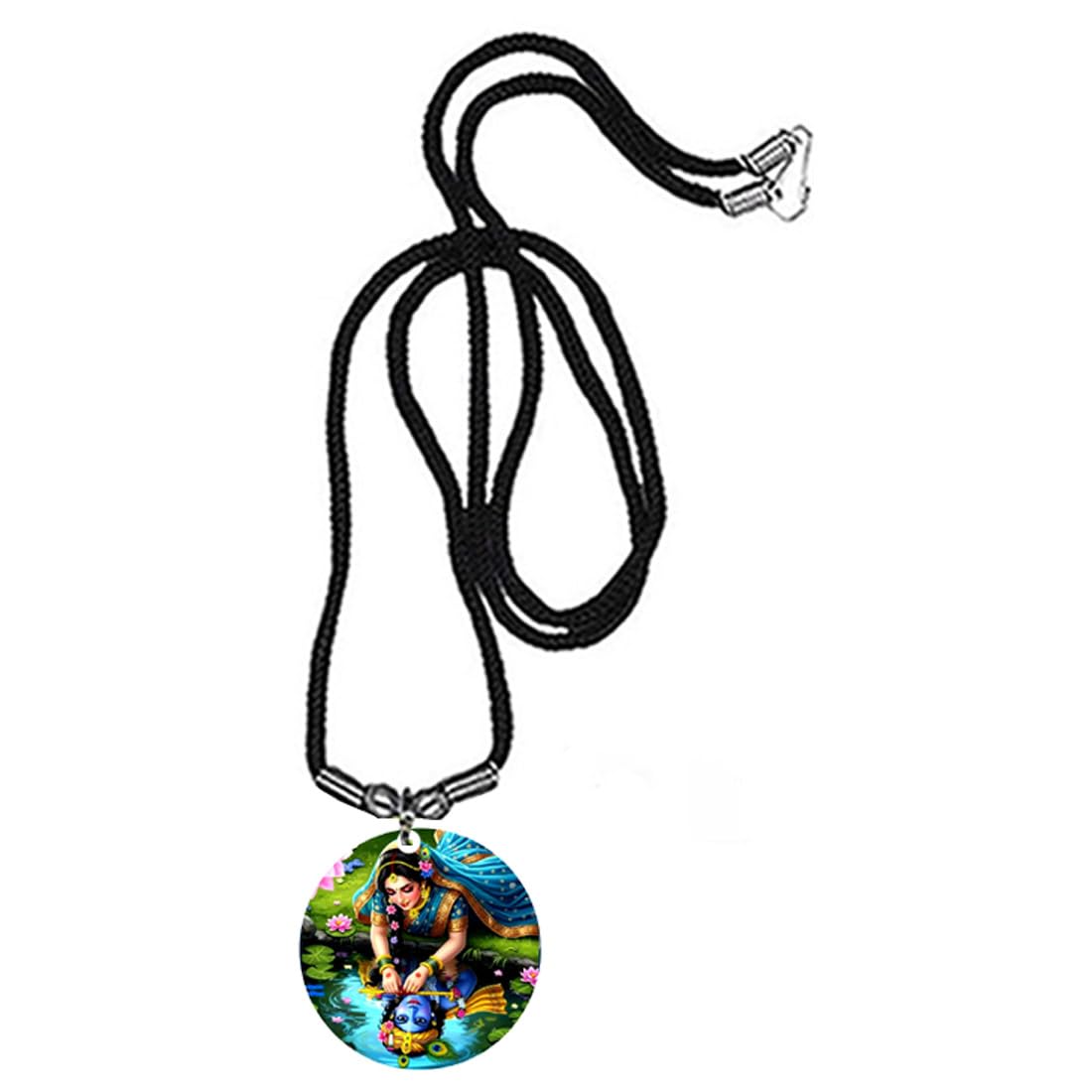 Radha Krishna Religious Acrylic Pendant with Black Cord Chain, Lightweight Spiritual Jewellery for Men and Women