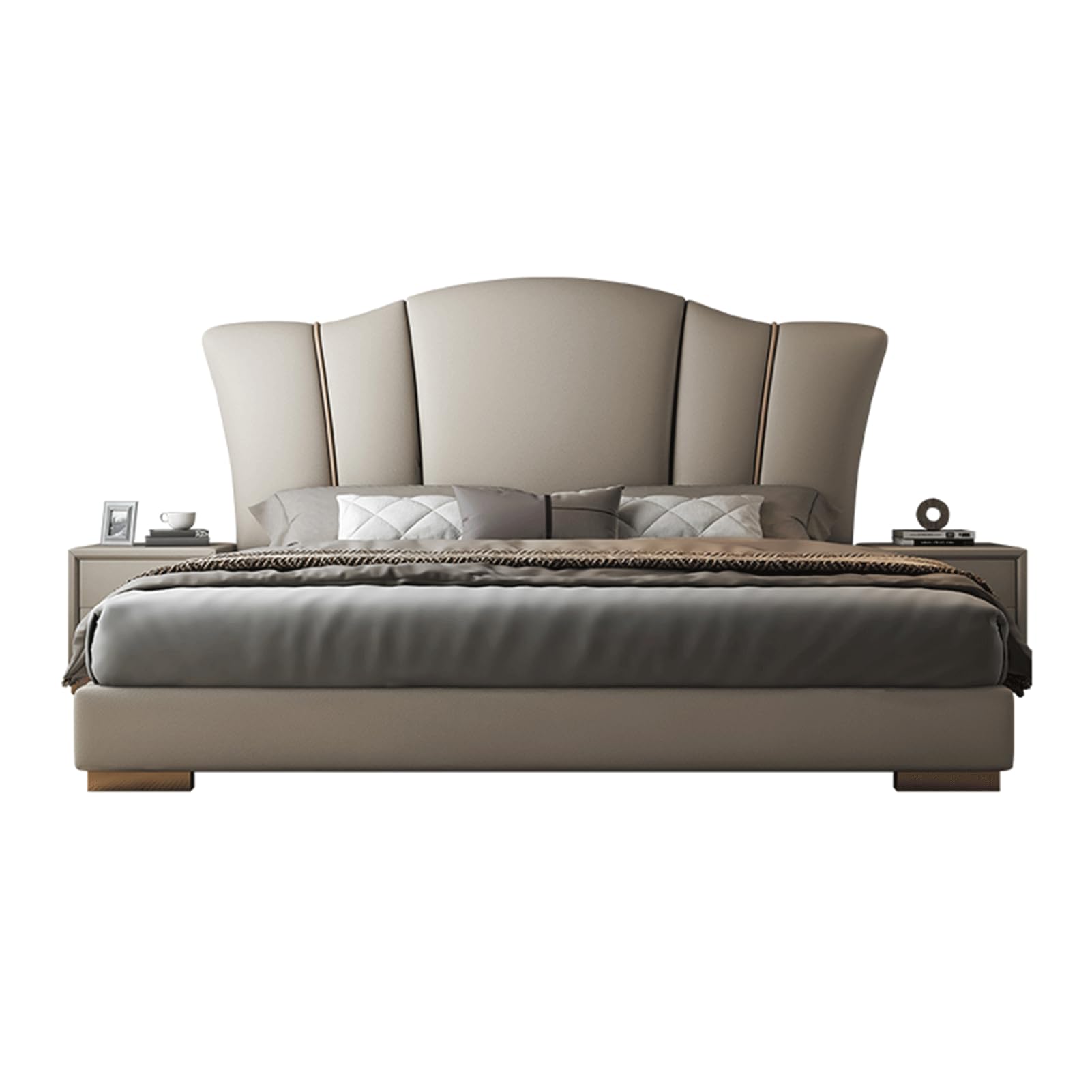 Gray King Size Genuine Leather Wood Bed Upholstered Platform Bed Frame with Headboard and Storage Drawers Strong Wooden