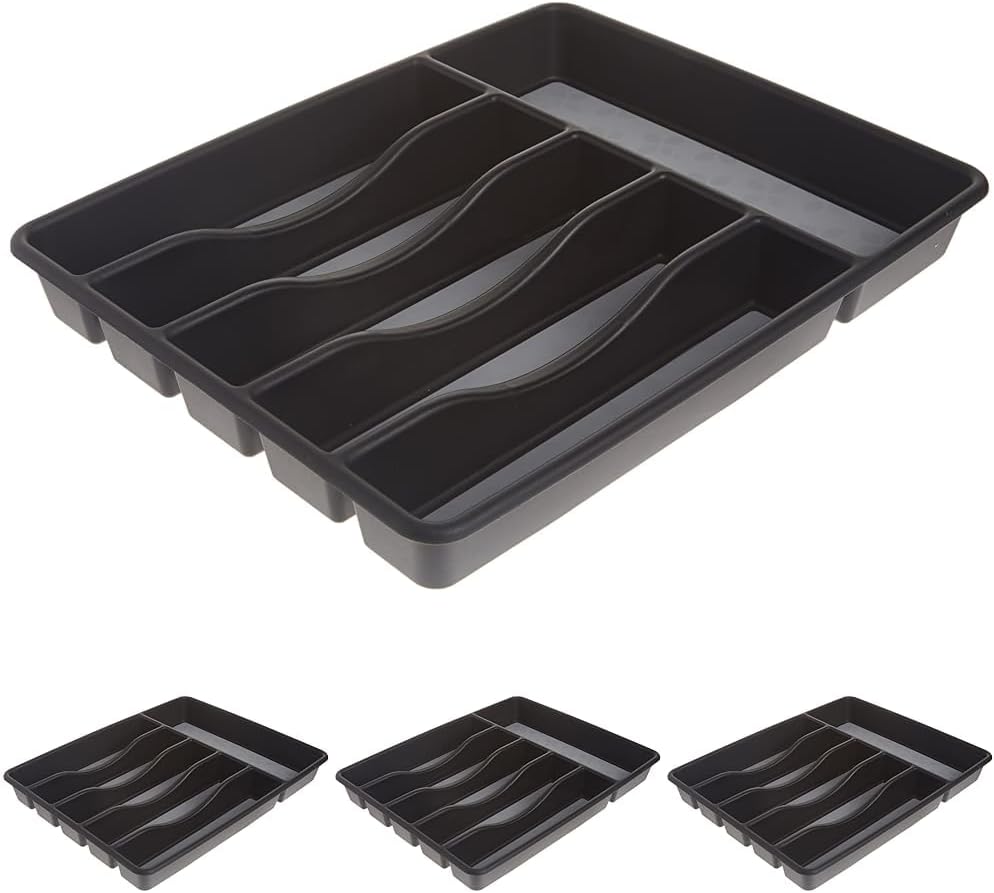 Rubbermaid No-Slip Silverware Tray Organizer, Large, Black with Grey, 7 Compartments, Durable Plastic