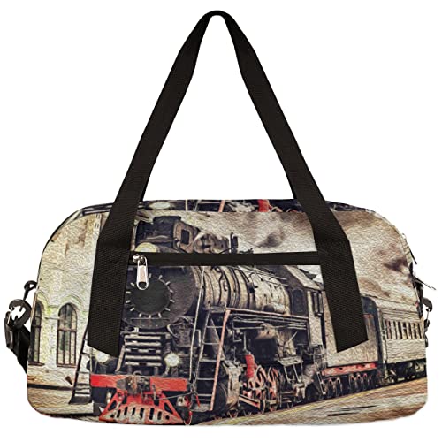 Retro Steam Train Kids Duffel Bag for Girls Boys Teens, Steam Train Oil Painting Dance Bag Overnight Small Duffel Bag Carry On Weekend Sports Gym Travel Bag for School Practice Gymnastics Ballet