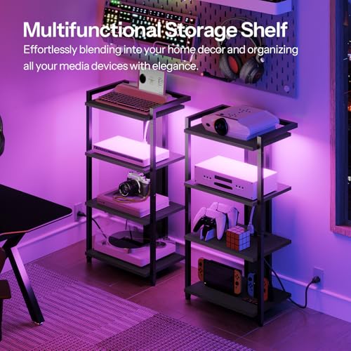 HOOBRO 4-Tier AV Media Console With Charging Station and LED Light, Wooden Stereo Cabinet, Corner TV Stand, Record Player, Entertainment Device, Black BB38UDCJ01 - Image 5