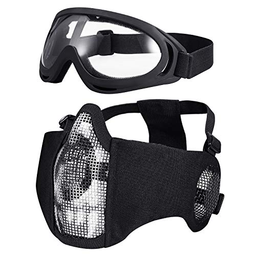 KUYOU Airsoft Mask Adjustable Half Metal Steel Mesh Mask Ear Protection Face Mask