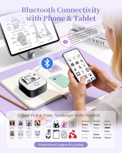 Image of Memoking Mini Thermal Printer - T02 Mini Sticker Printer Print Pod Portable Inkless Printer AI Sticker Maker Bluetooth Photo Printer Instant Print for Study Note, Journal Photos, DIY, Gift, 6 Rolls