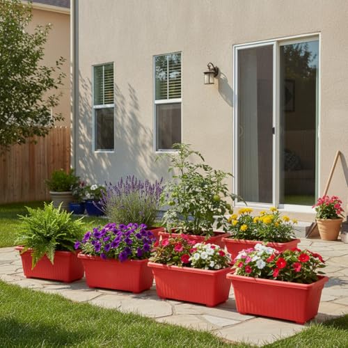 Image of Bianco Rectangular Plastic Pots for Plants, Jupiter Flower Pots for Home, Window Display, Garden (35 x 18.5 x 15 cm) (RED) (Pack of 12)