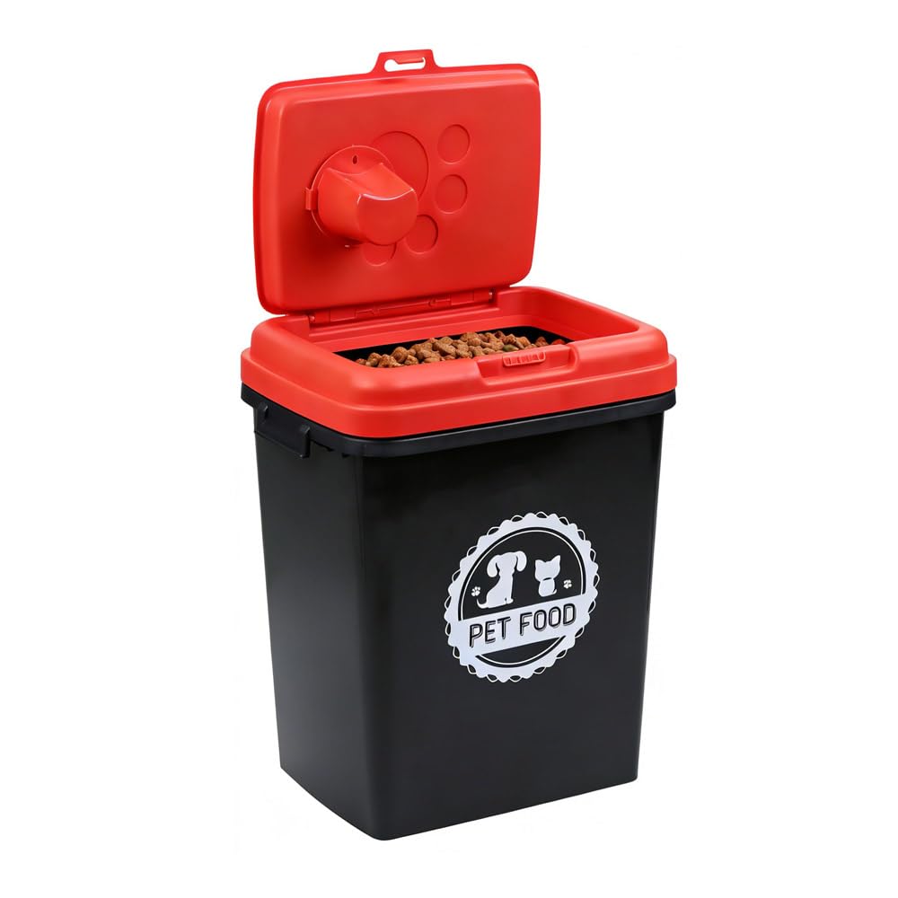 Greenfields 40L/15KG - Pet Food Storage Airtight Storage Container with Flip Top Locking System - Integrated Scoop Food Dispenser Bin, Birds, Pets, Cat, Dog, Fish, Pellet (Black/Red)
