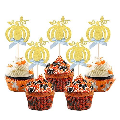 Rsstarxi 24 Pack Pumpkin Cupcake Toppers with Blue Bow Glitter Fall Theme Cupcake Picks Little Pumpkin Cake Decorations for Harvest Thanksgiving Halloween Theme Baby Shower Birthday Party Decorations