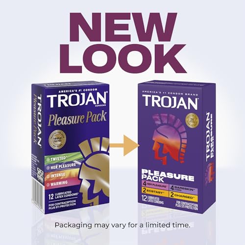 Image of Trojan Pleasure Pack, Assorted Latex Lubricated Condoms for Men, Her Pleasure, Bareskin Studded, Ecstasy & Charged Varieties, 12 Count