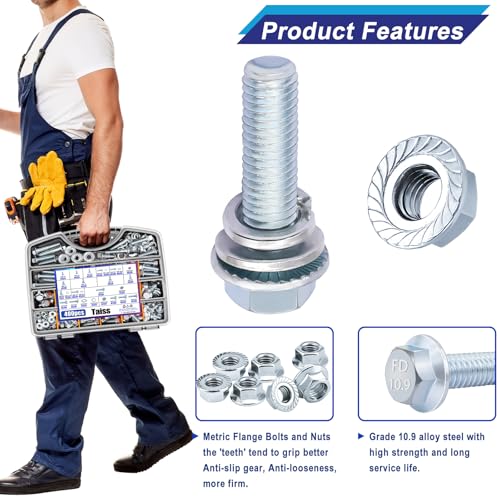 Image of Taiss 400PCS Metric Flange Bolt Assortment Kit,10.9 Grade M6x1.0 /M8x1.25 /M10x1.5 Bolts(12mm to 45mm) Assorted White Zinc Galvanized Hex Metric Nuts and Bolts Washers Set for Automotive