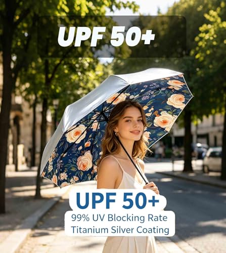 Image of SIEPASA Compact Travel Umbrella - Windproof Auto Open /Close, Small Folding Umbrella for Rain & Sun with UPF50+ - Lightweight Frame, Waterproof - Fits Backpack, Purse, Suitcase.(Silver /Rose)