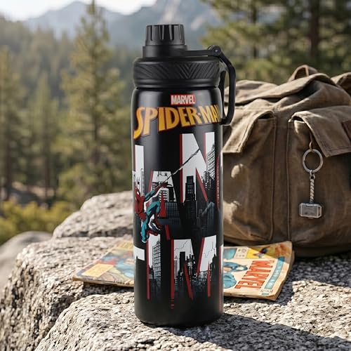 Image of Marvel Spider-Man Stainless Steel Water Bottle for Kids & Boys 700ml | Leakproof BPA-Free Non-Insulated Sipper Bottle with Handle | Black School Gym Sports Water Bottle
