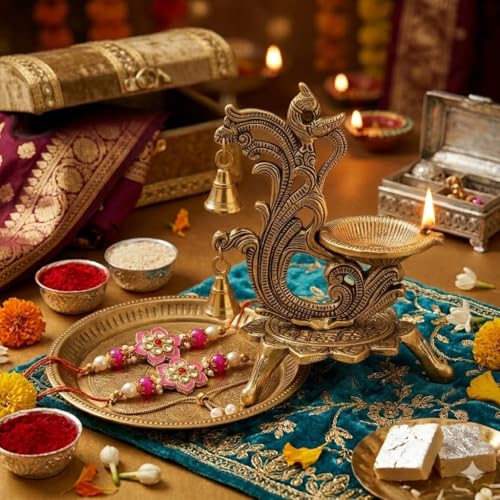 Image of Saudeep India Oxidized Metal Diya for Puja | Diwali Oil Lamp Peacock Design Perfect Gift | Antique Akhand Deepak Home Decor 14x9x20cm (Pack of 1 Diya with Couple Rakhi)