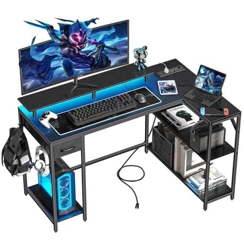 47 inch Gaming Desk with Power Outlet & LED Light, Reversible L Shaped Desk, L Shaped Desk with Hook & Monitor Stand, Computer Desk with Drawer and Shelves for Home Office Bedroom