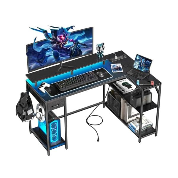 47 inch Gaming Desk with Power Outlet & LED Light, Reversible L Shaped Desk, L Shaped Desk with Hook & Monitor Stand, Computer Desk with Drawer and Shelves for Home Office Bedroom