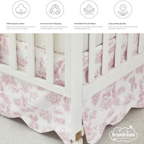 Image of Brandream Scallop Edge Cotton Crib Skirt, Baby Girl, French Country Pink Toile Crib Skirt Toddler Bedskirt Farmhouse Chic Nursery Crib Bed Skirt, Boho Bohemian Vintage Floral Print