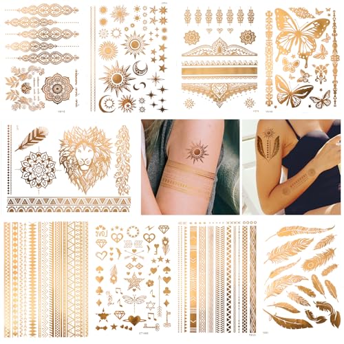 Elegaperma 9 Sheets Gold Temporary Tattoos 110+ Designs Glitter Fake Tattoos for Women Waterproof and Long-Lasting Gold Metallic Glitter Tattoo Perfect for Vacation Parties and Festivals