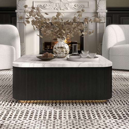 Image of Furniture of America Beryl Modern Square White Genuine Marble Top Coffee Table with Fluted Pedestal Base and Gold Stainless Steel Accent, Low Profile Table for Living Room, Home Office, Black