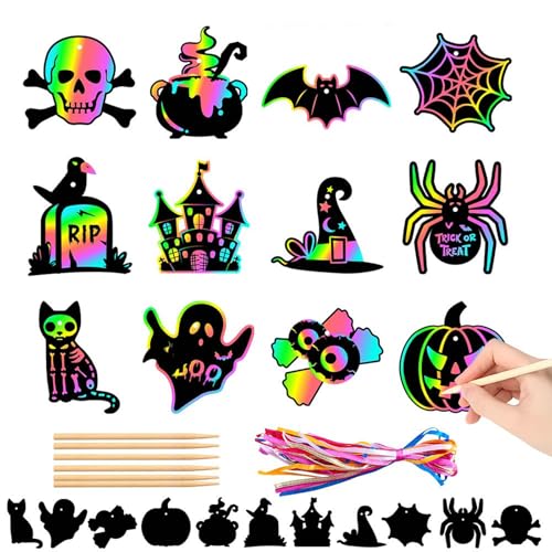 Koboko 24 Stk Halloween Kratzbilder für Kinder und Erwachsene,Halloween Kratzbuch Set mit 12 Designs,Regenbogen-Scratch-Papierkarte,Scratch Crafts Kinder Set,Regenbogen Kratzpapier für Halloweensparty