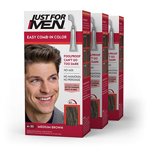 Just For Men Easy Comb-In Color (Formerly Autostop), Gray Hair Coloring for Men with Comb Applicator - Medium Brown, A-35 - Pack of 3 (Packaging May Vary)