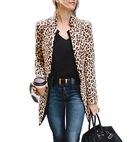 Women's Open Front Jacket Long Sleeve Leopard Print Blazer Cardigan Coat of Office Suit (M, Light Pink)