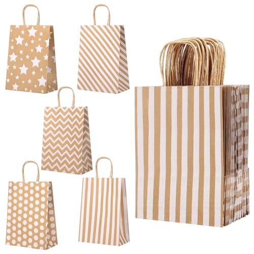 25 Bolsas de Papel Kraft con Asas, 22x16x8 cm, Reutilizables Bolsas de Papel, Bolsas Regalo Pequeñas para Bodas, Cumpleaños, Navidad y Eventos