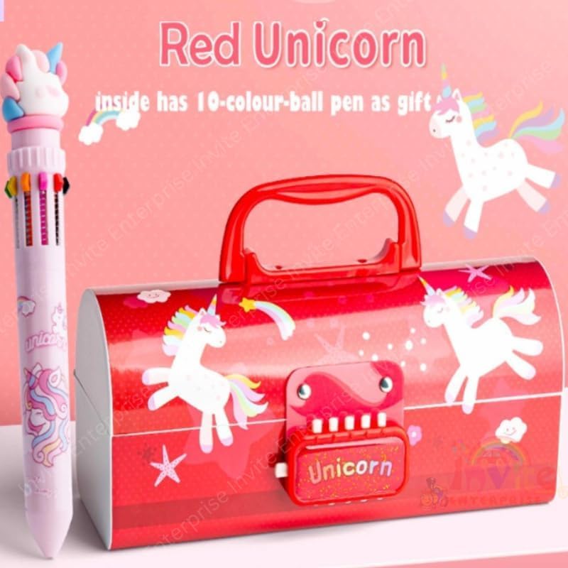 Image of Invite New Cartoon Theme Pencil Box with Push Pull Eraser Set for Kids | Suitcase Style Password Lock Stationery Organizer | School Supplies Gift Combo for Boys & Girls (Red Unicorn + Eraser)