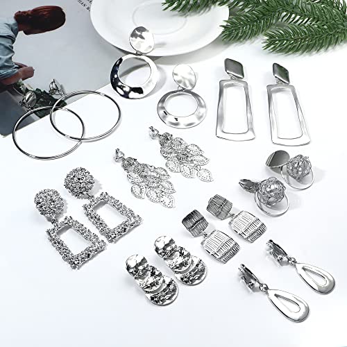 Subiceto 9 Pairs Clip On Drop Earrings For Women Gold Leaf Rectangle Round Trapezoid Square Geometric Drop Dangle Statement Earrings Lightweight Tassel Hoop Clipon Earrings Non Piercing Dangle Earrings Set Sliver #TOP7